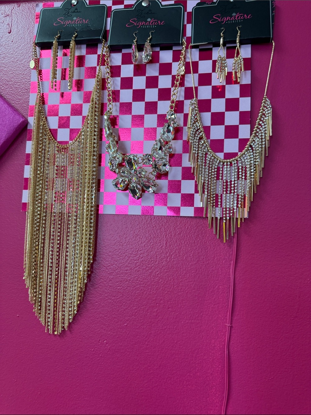 Signature Gold Fringe & Crystal Statement Necklace Set